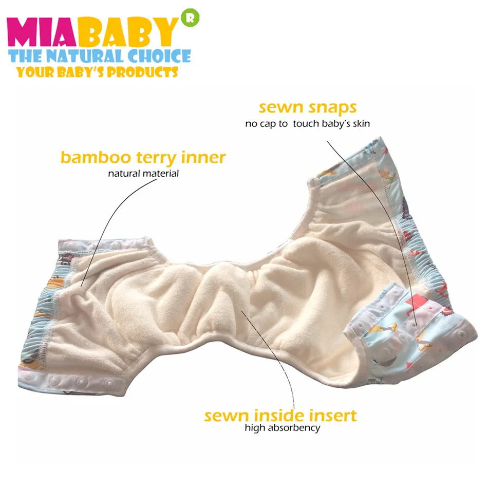 Miababy(3 шт./лот) Большие тренировочные штаны, тканевые подгузники для малышей с пришитыми застежками, подходят для детей 2-5 лет, с бамбуковой махровой внутренней вставкой