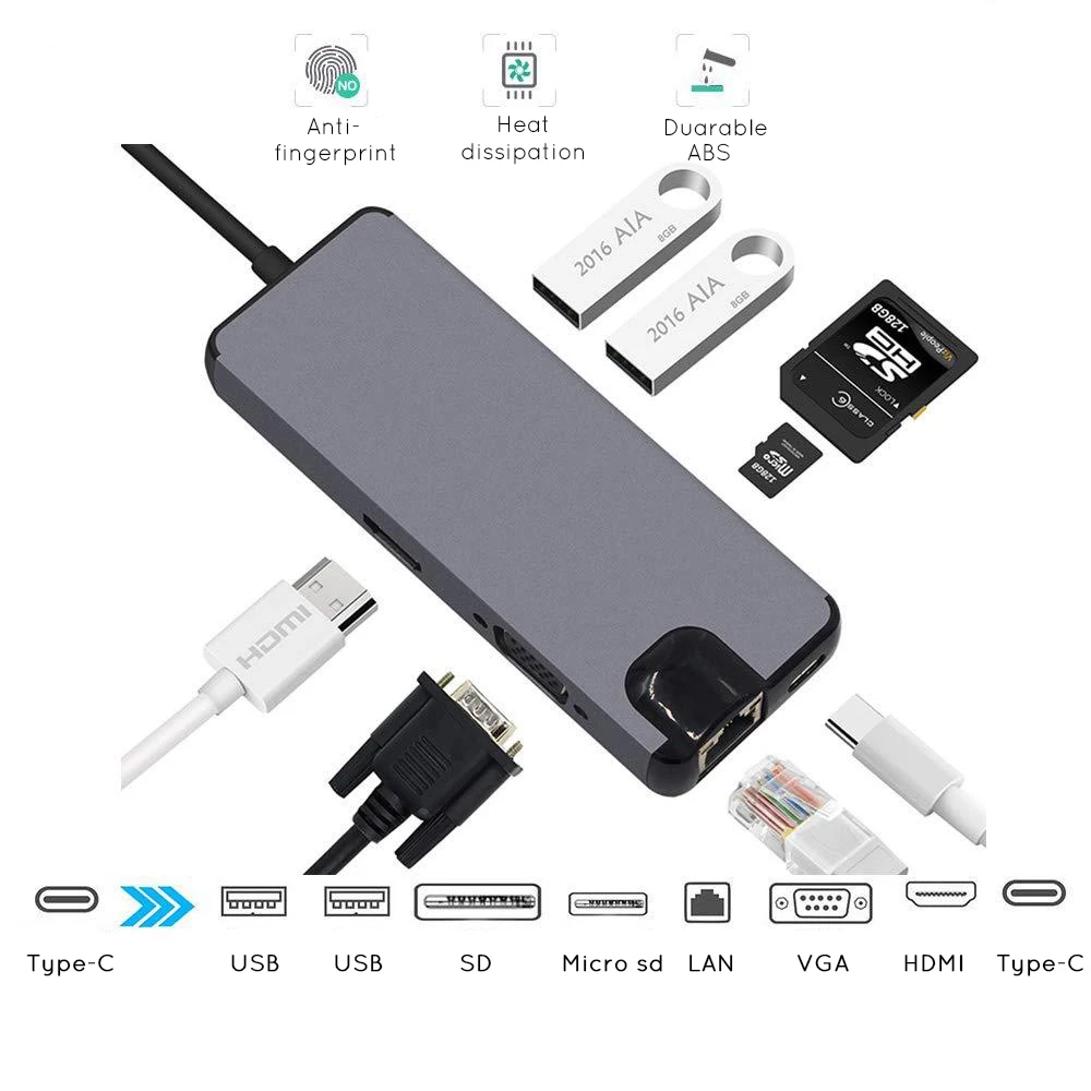 8 In 1 Type C to 2USB SD Micro SD LAN VGA HDMI USBC Adapter Hub Extend PD Charge Dock 1000 Mbps Rj4