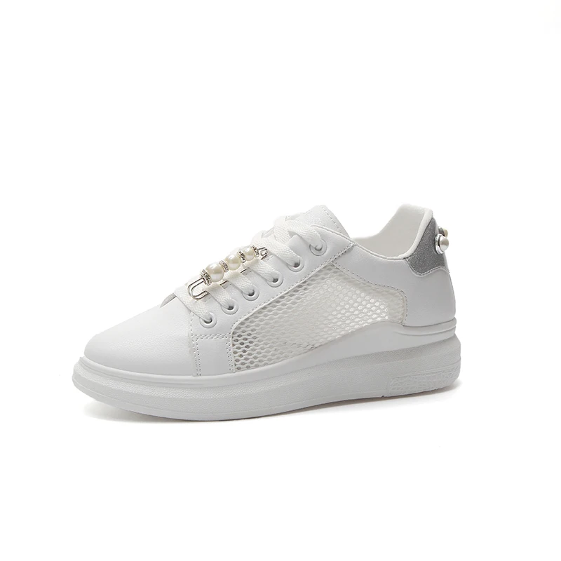 

Women Sneakers Nice Summer Women Casual Shoes Fashion Breathable Mesh Flats Platform Pearl Metal Buckle White Women Shoes
