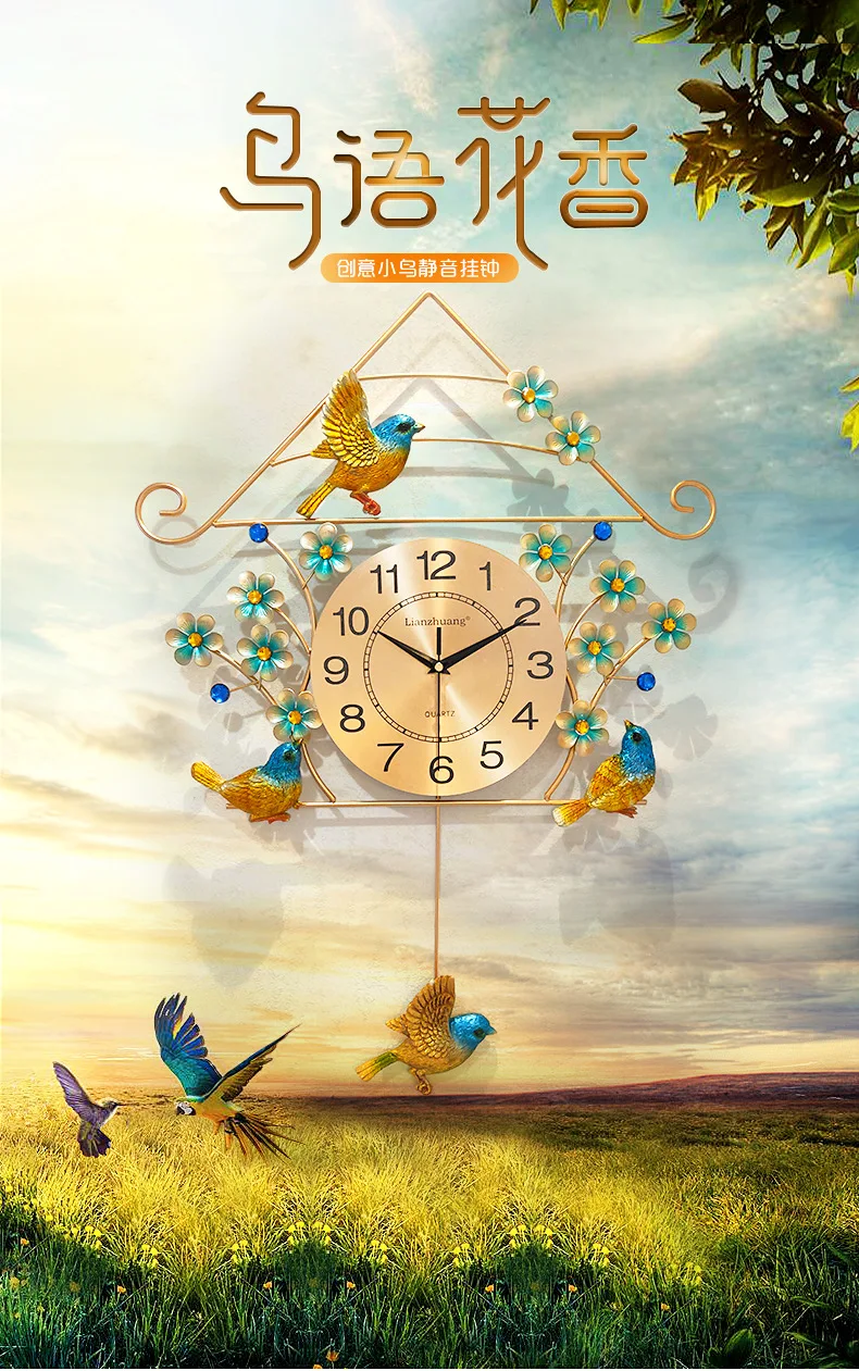 Креативные золотые настенные часы с свисающей подвесной птицей для девочек, детей, спальни, бесшумные настенные часы, подвесные кварцевые часы, настенные искусства