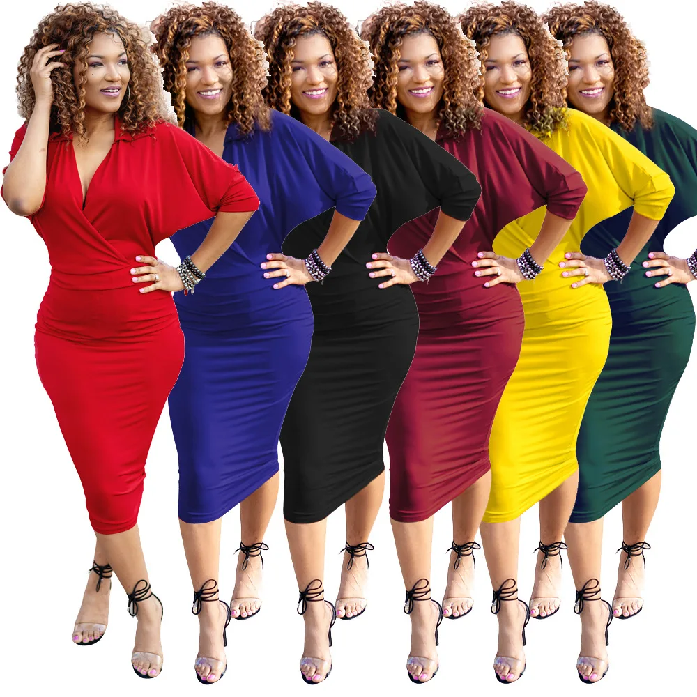 Women Sexy V-neck Solid Color Bodycon Dress Ladies Batwing Sleeve Midi Party Dresses 2019 Summer Elegant Club Wear Dress