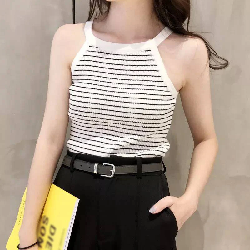 

Women Summer Sleeveless Camisole Top Fashion Striped Halter Tank Sexy Slim Knitted Top