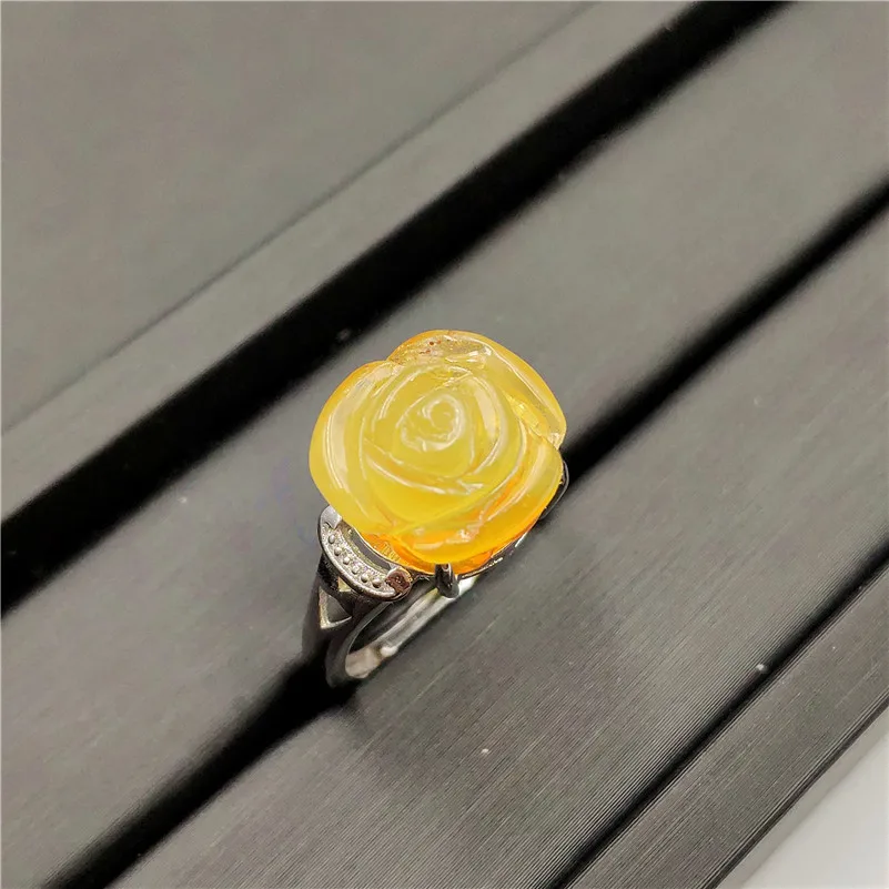 

Natural Yellow Amber Gemstone Ring Flower Shape Adjustable 925 Sterling Silver For Women Fashion Jewelry Wedding Engagement Ring