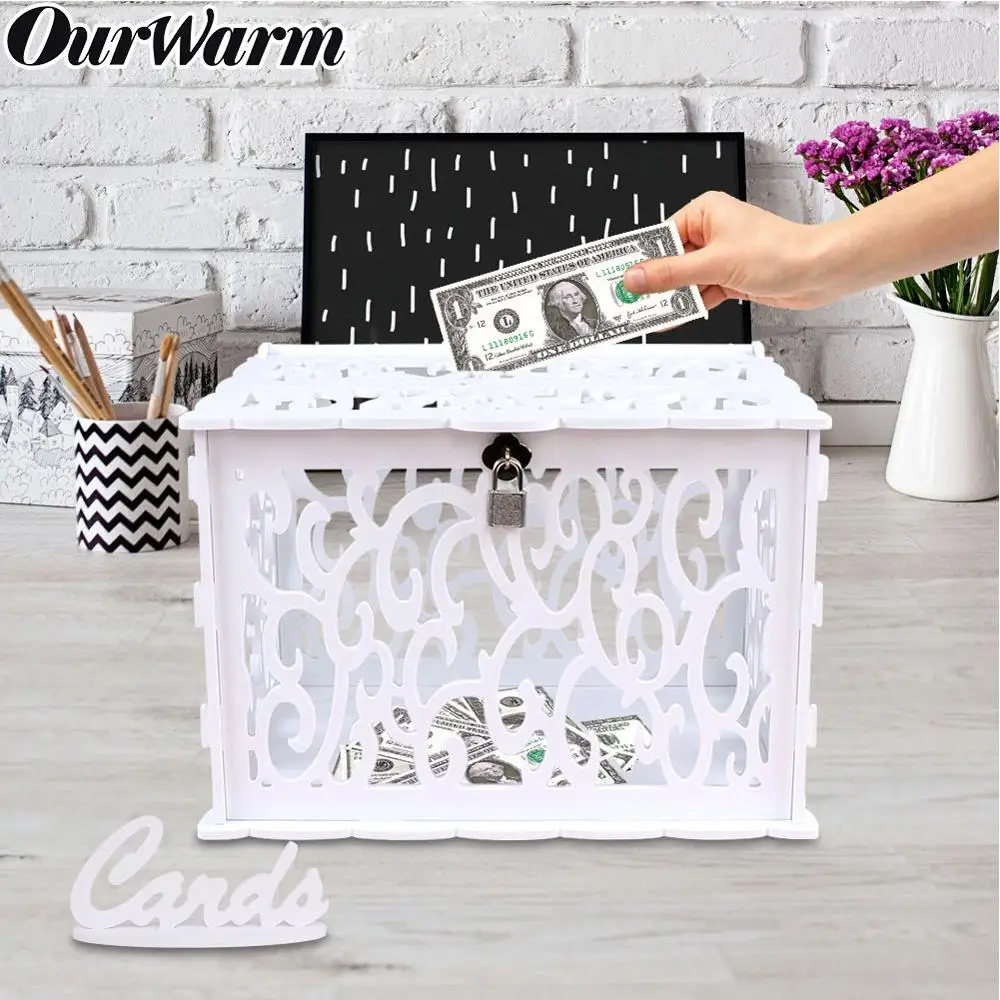OurWarm DIY коробка для свадебных карточек с замком ПВХ белая Подарочная коробка для денег принадлежности для дня рождения украшения для детского душа - изображение