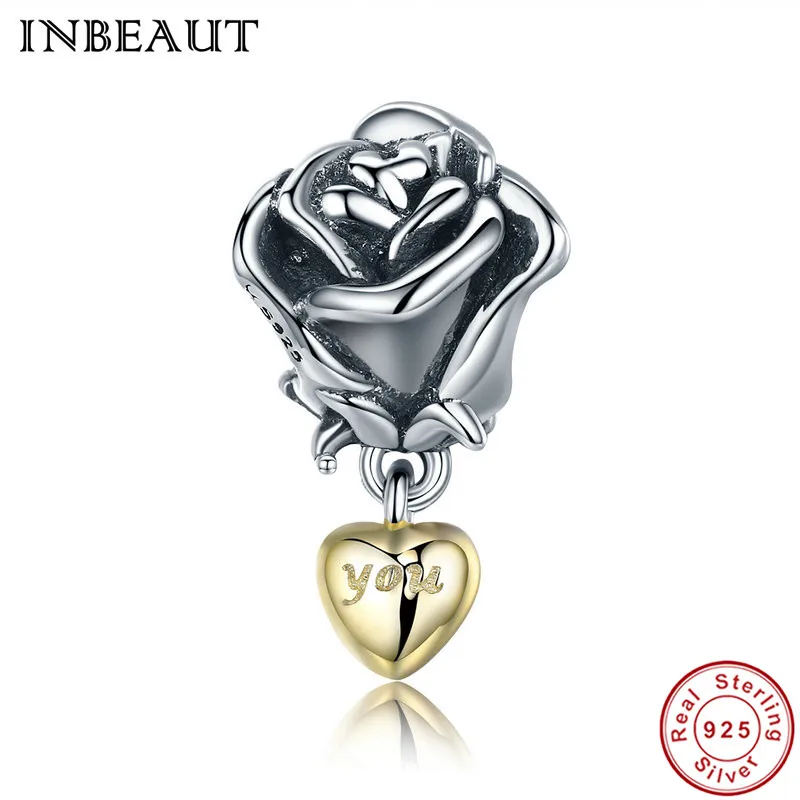 

INBEAUT 925 Sterling Silver Golden Heart Shaped Love You Lively Rose Engraved Charm fit Trendy Bracelet Women Wedding Gift
