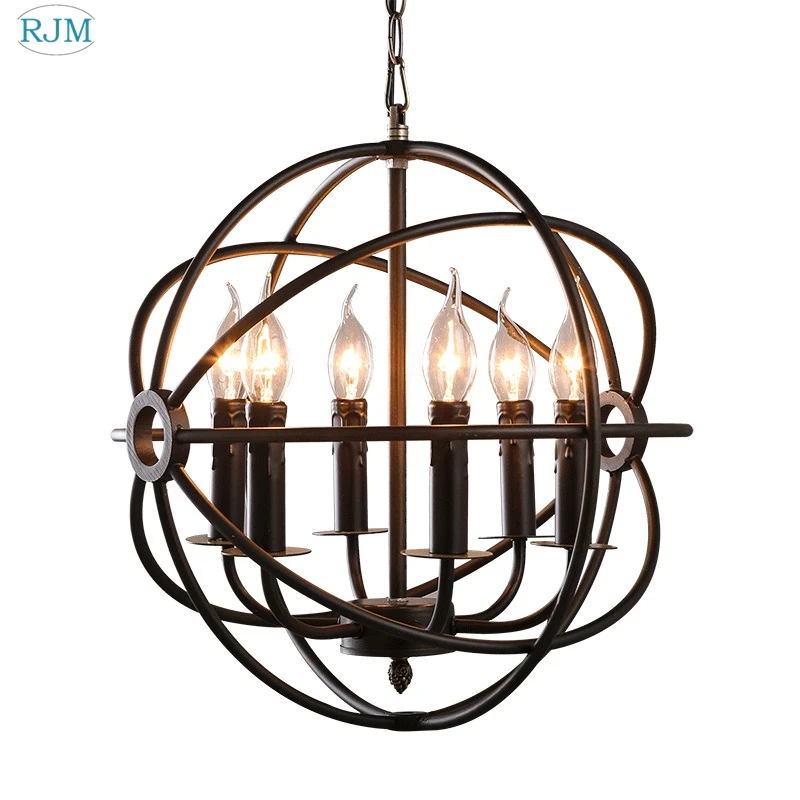 

American Industrial Loft Candle Chandelier Vintage Round Iron Cage Hang Lamps for Restaurant Bar Clothing Store Lighting Decor