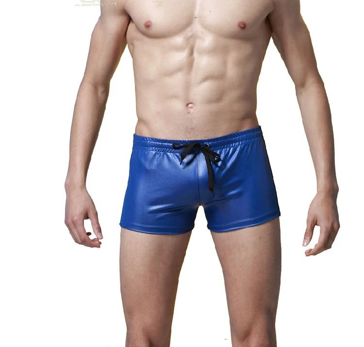 2017 Exclusive Hot Sexy Underwear Male Boxers Faux Leather Latex Short Boxer Wetlook Lace-up Jockstrap Fetish Gay Men Underwear 2