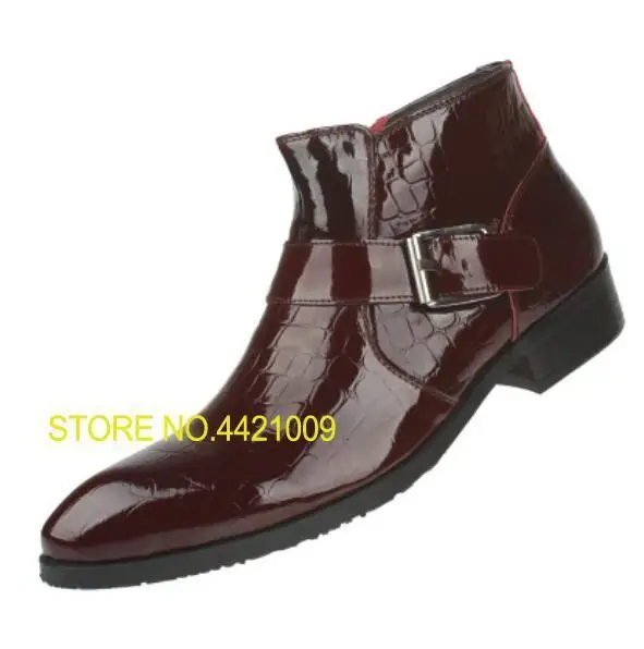 

Embossed Black Wine Red Male Genuine Leather Ankle Boots Buckles Man Martin Boots Patent Leather Motorcycle Booties