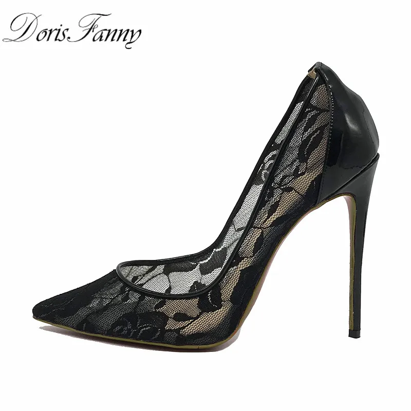 DorisFanny wedding shoes women 2018 new arrival embroidery black high heels pumps 12cm Sexy stilettos