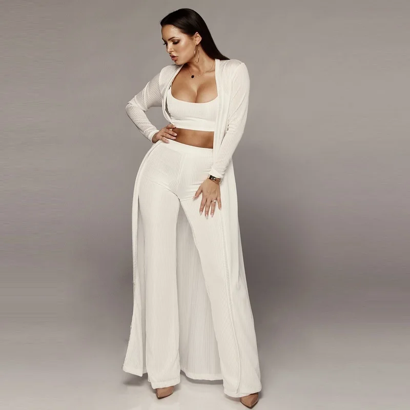 

3 Piece Set Women Vest + Long Cardigan Sweater + Wide Leg Pants Suits 2019 New Fashion Elegant Autumn Sexy Elastic Pant Suit