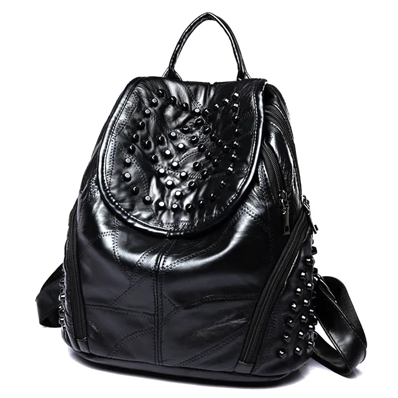 

woman 2018 genuine leather backpacks for school female school bags Fashion Splice rivet color black