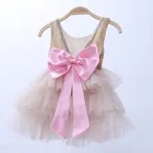 Элегантные со стразами цвета шампанского для девочек вечерние платья для маленьких девочек партия Bling платья с большими бантами костюм