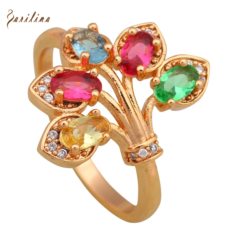 

New 2016 multi gemstone rings for women Fashion jewellery 18K Yellow Gold Plated party Ring size 6 7 8 9 R576
