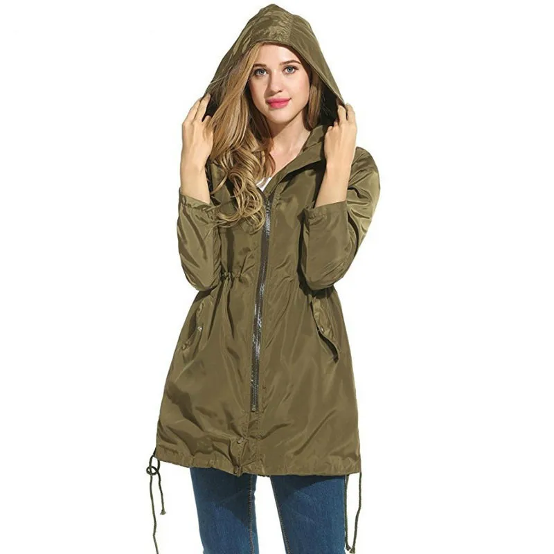 

Women's Army Green Trench Coats Autumn Zipper Hooded Long-sleeved Weatherproof Long Windbreaker Raincoat Pocket Casual Overcoat