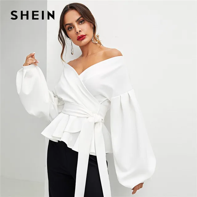 SHEIN White Office Lady Elegant โคมไฟ Surplice Peplum ปิดไหล่ของแข็งเสื้อฤดูใบไม้ร่วงผู้หญิงเซ็กซี่เสื้อและเสื้อ