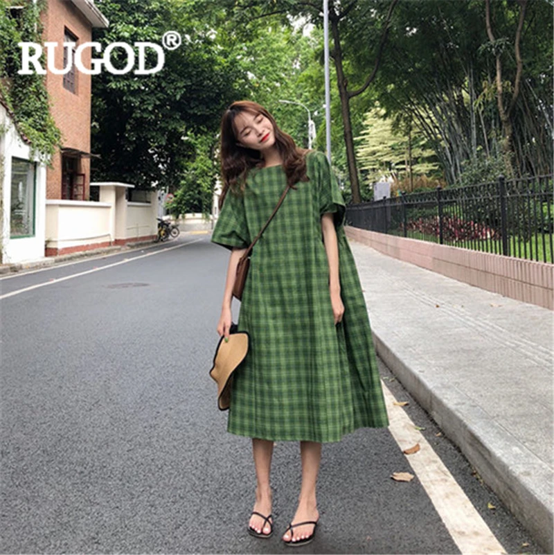 Женское длинное клетчатое платье RUGOD зеленое свободное до середины икры с