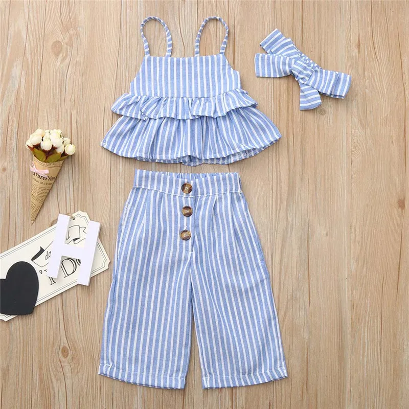 Girls suit summer 2019 new Toddler Kids Baby Girls Striped Ruffle Tops T Shirt+Pants+Headband Outfits Sets  (9)