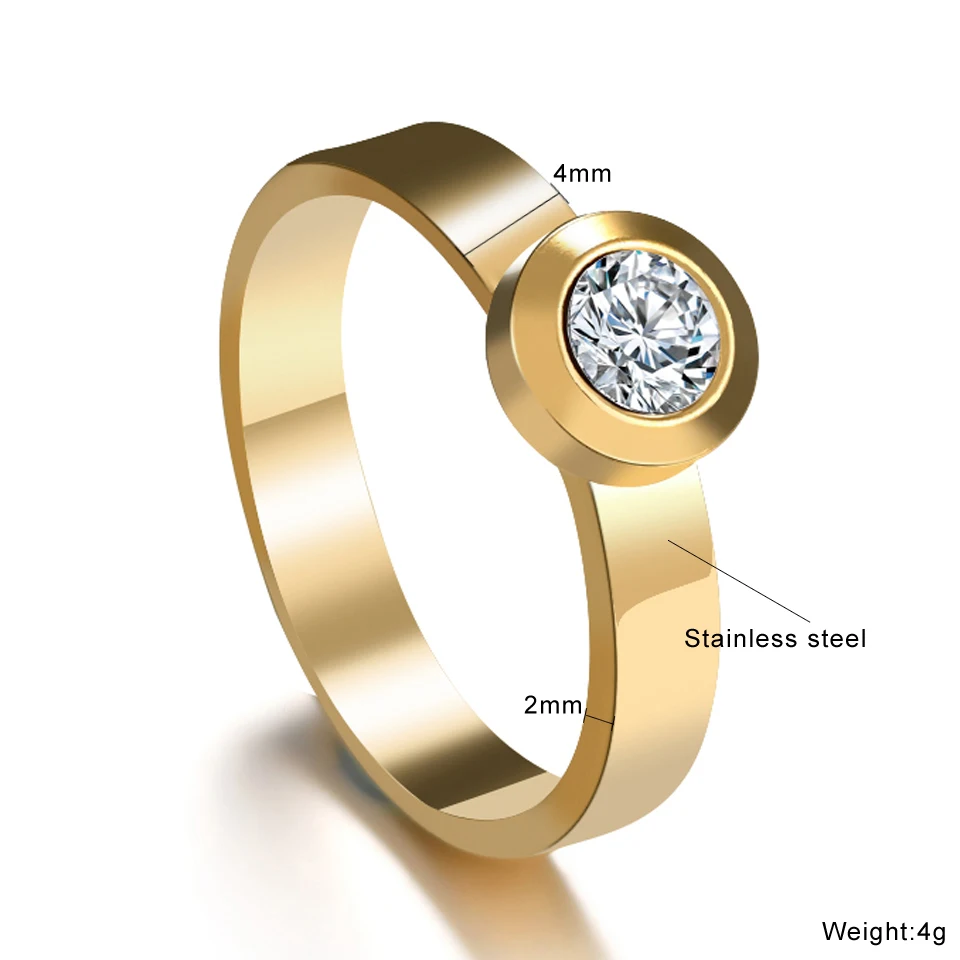 Роскошные одиночные CZ стразы кольцо на палец золото/серебро Цвет 316L нержавеющая сталь Женское Обручальное/обручальное кольцо ювелирные изделия