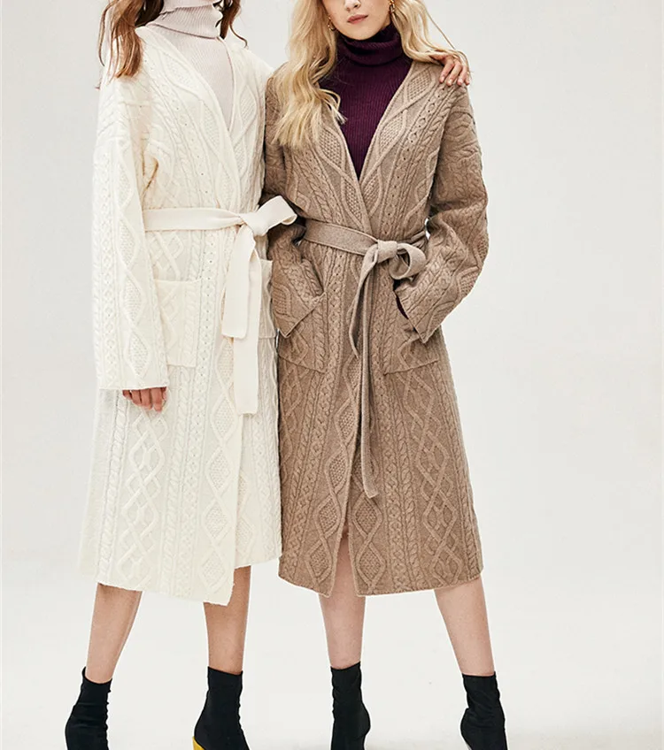  cashmere wool blend twisted thick knit women mid-long sashes cardigan sweater coat H-straight one s