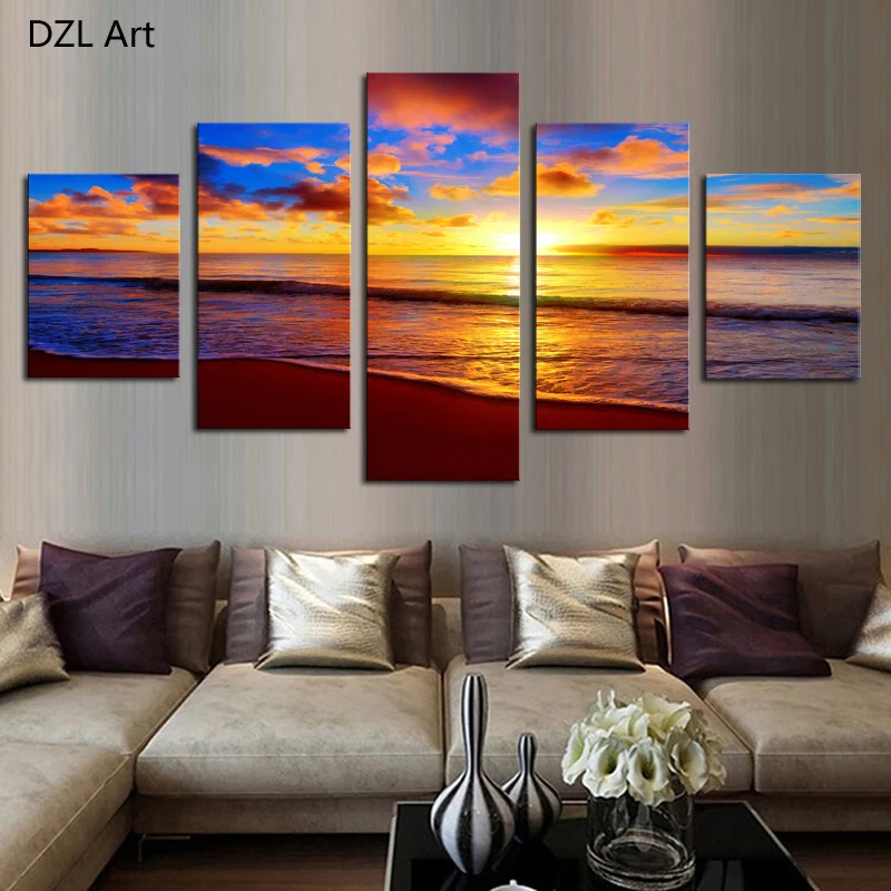 5 Panels(No Frame) beautiful sea and sunset Modern Wall Decor Print on