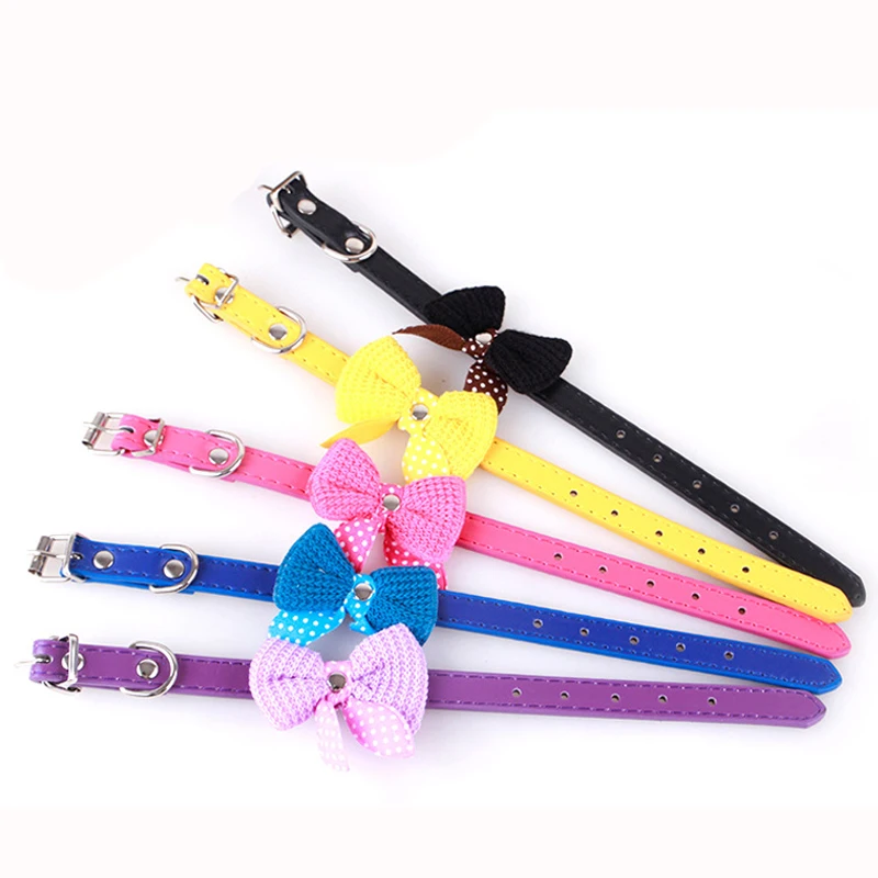 Cute Knit Bowknot Pet Dog Collar Polka Leather Adjustable Pet Collar for Small Dogs Fashion Chihuahua Yorkie Puppy necklace (5)