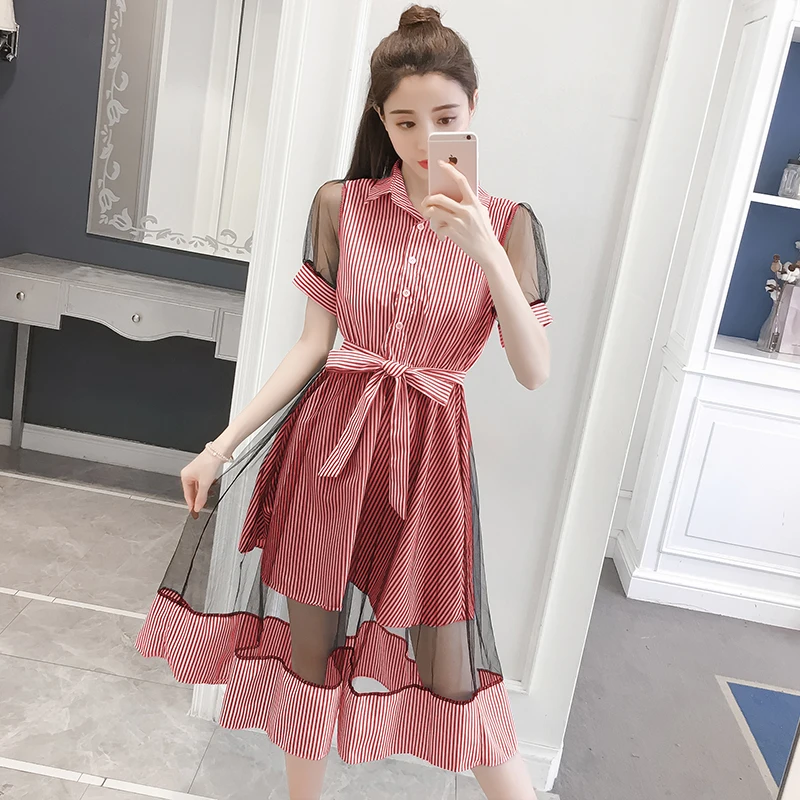 

Women Blue Red Striped Shirt Mid Dress Spring Summer Mesh Patchwork Slim Short Sleeve Bow Belt Office Lady Work Dresses