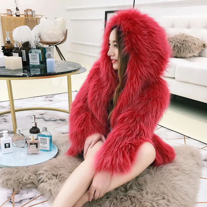 REROYFU Real Natural Fur Jackets Genuine Knitted Raccoon Fur Coats Women's Hooded Fur Outerwear