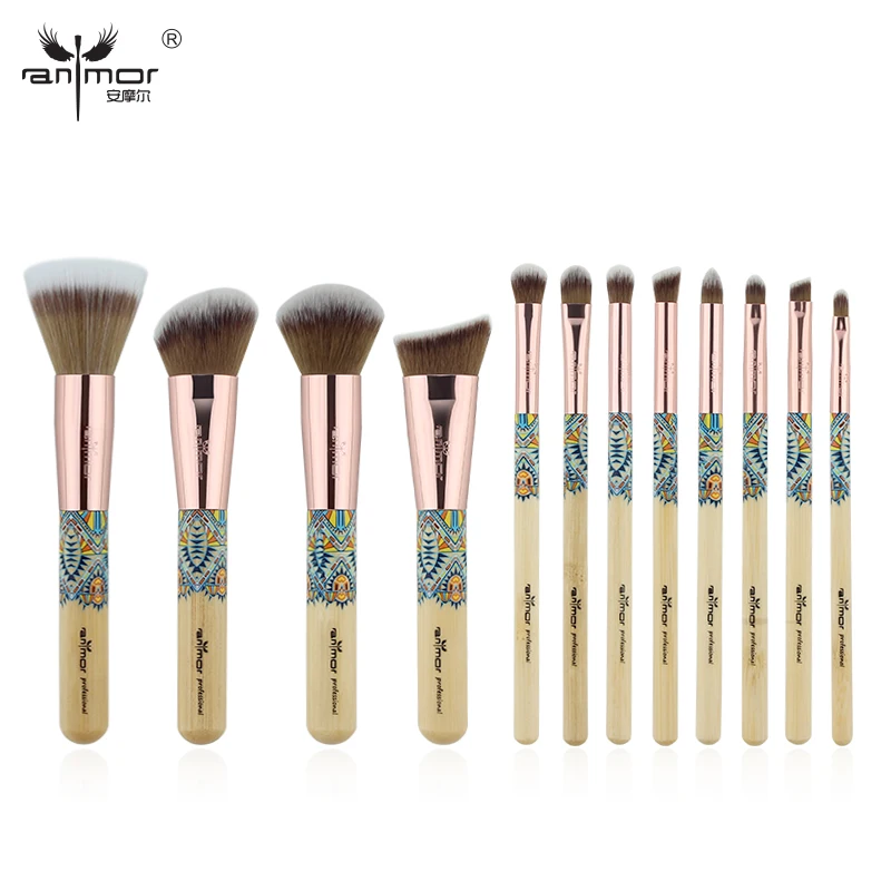 Anmor New 12PCS Make Up Brushes Bamboo Professional Makeup Brush Set Soft Synthetic Cosmetics Brush Kit