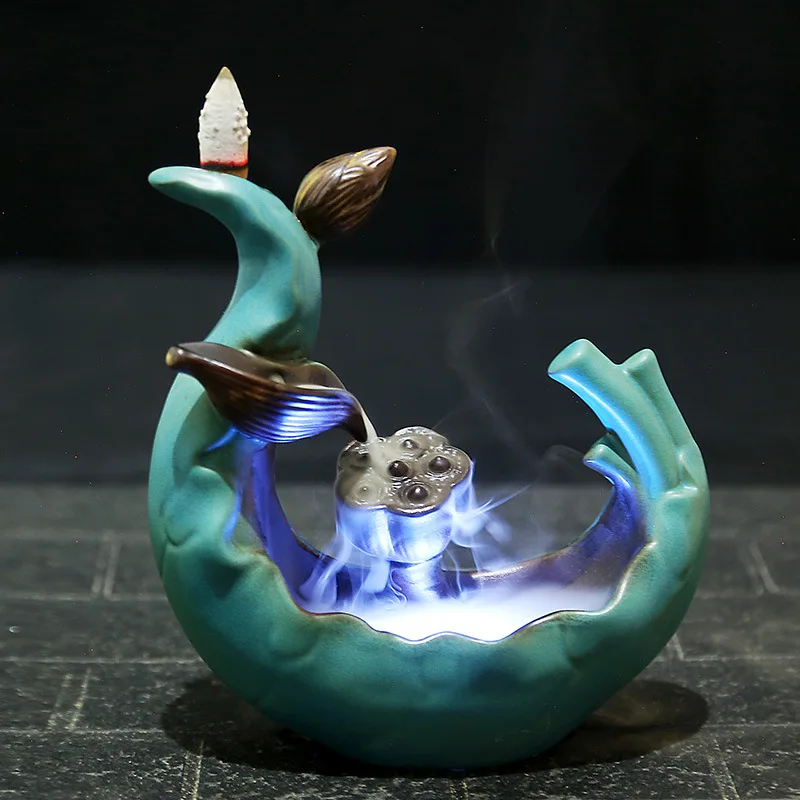 4 Style Ceramics LED Flower Ceramic Backflow Waterfall Smoke Incense Burner Censer Holder Yoga Burners Fountain Home Decorate - Цвет: A