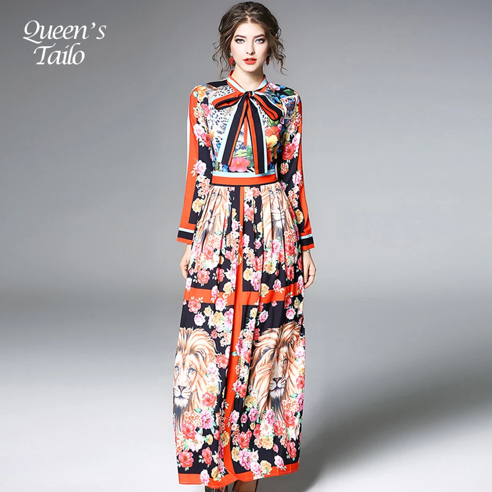 

NEW Vintage Woman Spring Maxi Dress Bow Neck Female Print Long Dress Lady Runway Dress