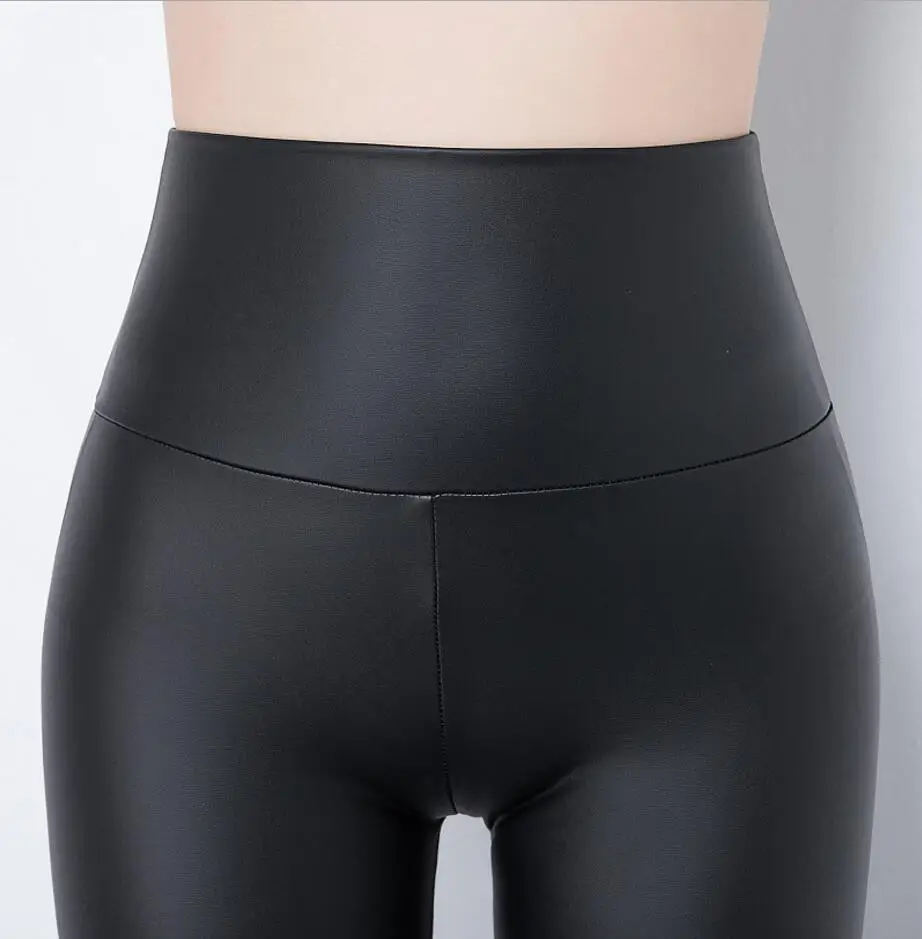 PU Leather  High-Waist Textured Leggins Pants Slim Fleece Trousers Matt Black Leggings 5 Sizes capri leggings