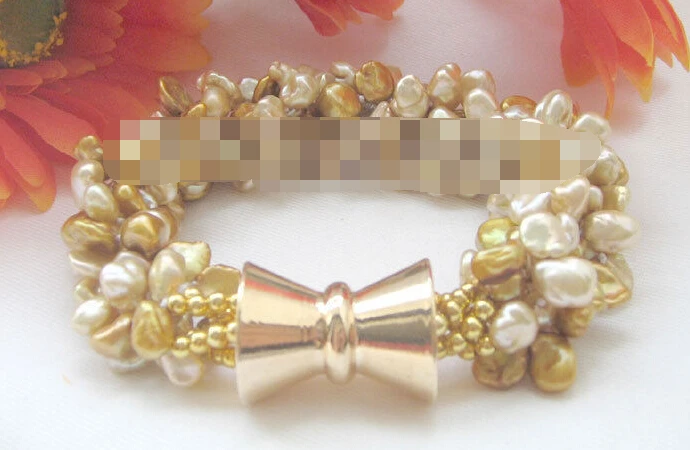 

FREE SHIPPING>>>@@ 0969 5row Champagne & light coffee keshi reborn freshwater pearl bracelet