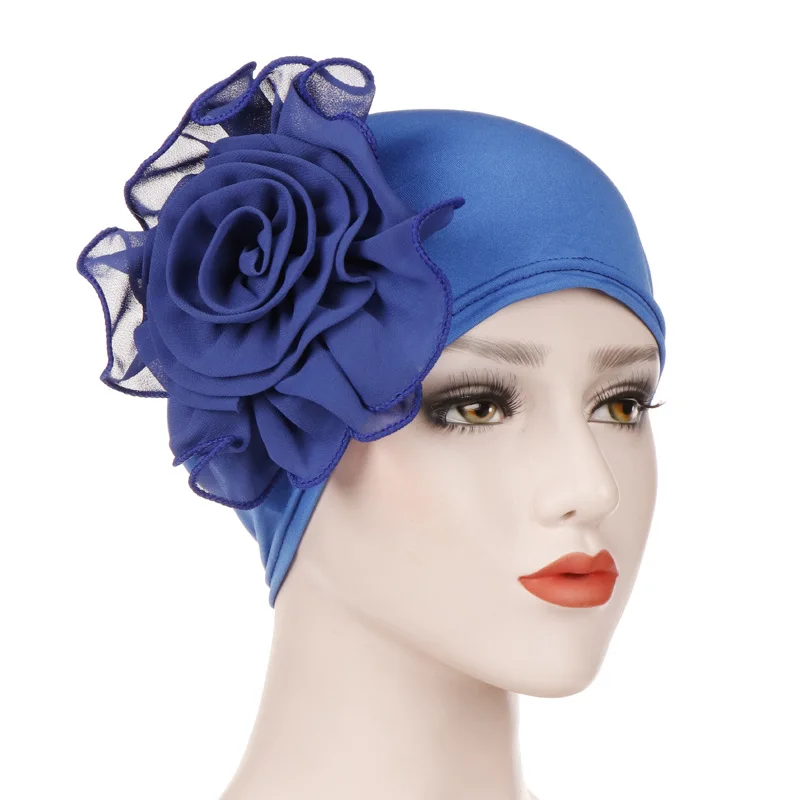 Женские эластичные шапочки с большой цветочной головкой шапочка из хлопка Дамские выпадения волос Африканский тюрбан Boho Аксессуары для волос мусульманский шарф - Цвет: Sapphire