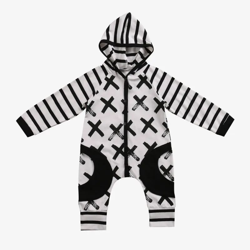 

2017 New Baby Boy Girl Hooded Romper Long Sleeve X Print Striped Toddler Kids Jumpsuit Pocket One Pieces Children Clothes 0-24M