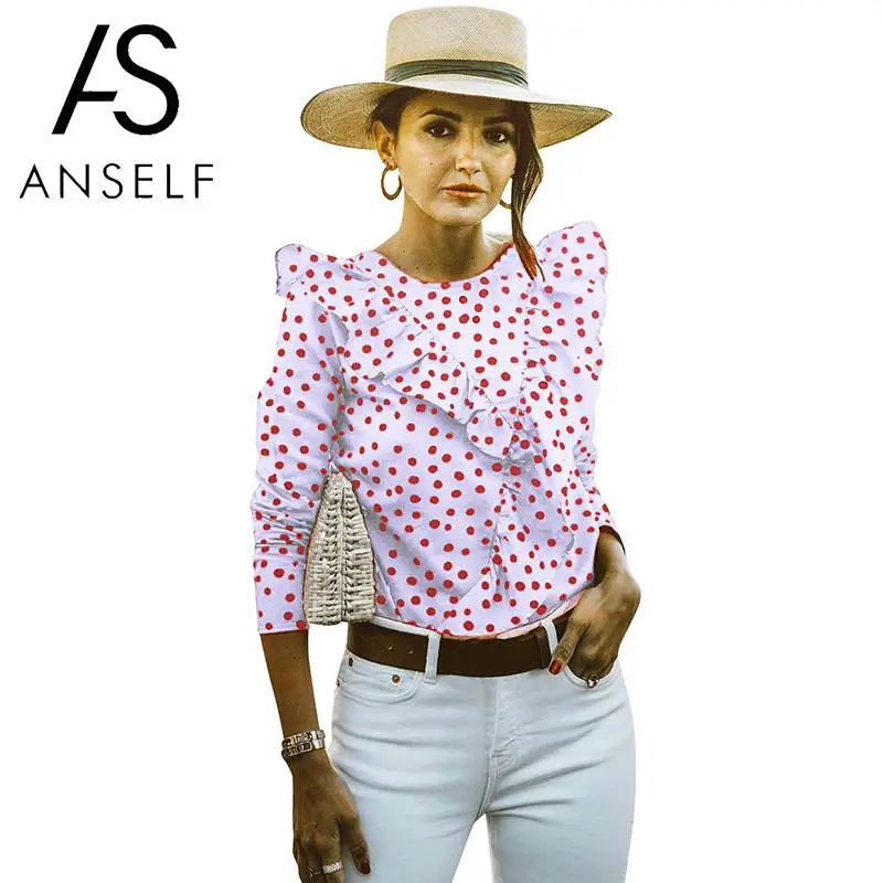 

Anself Women Polka Dot Blouse Ruffles Front Cut Out Back Long Sleeves Office Ladies Workwear Vintage Casual Tops Shirts 2019