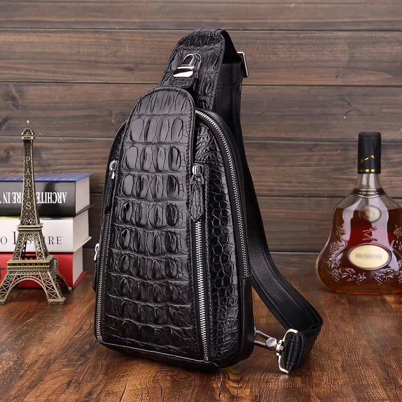 McParko Genuine Crocodile Chest Bag Men Leather Crossbody Bags Luxury Alligator Chest Bag Hip Hop Punk Gothic Rock Chestbag Male