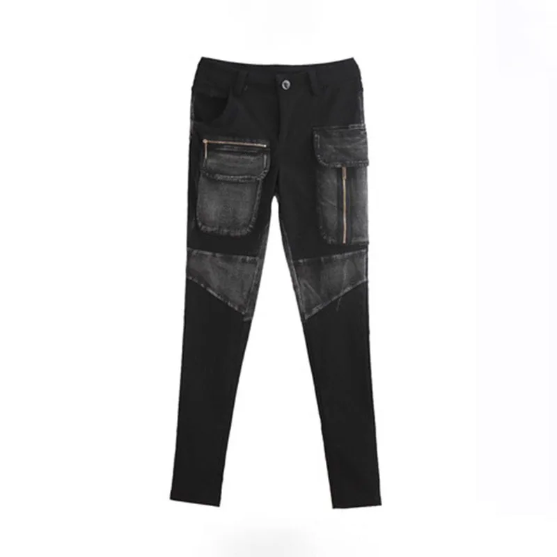 TWOTWINSTYLE, джинсовые штаны для женщин, пэчворк, карман, молния, размера плюс, джинсы-карандаш, весна, женская мода, Harajuku, одежда - Цвет: Black