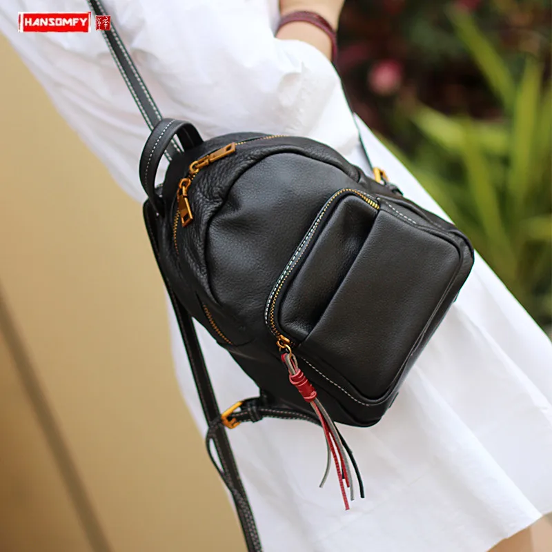 Moda de Luxo Nova Feminina Mochila Couro Genuíno Mini Bolsa Ombro Pequenas Mochilas Preto Selvagem Casual Feminino 2020