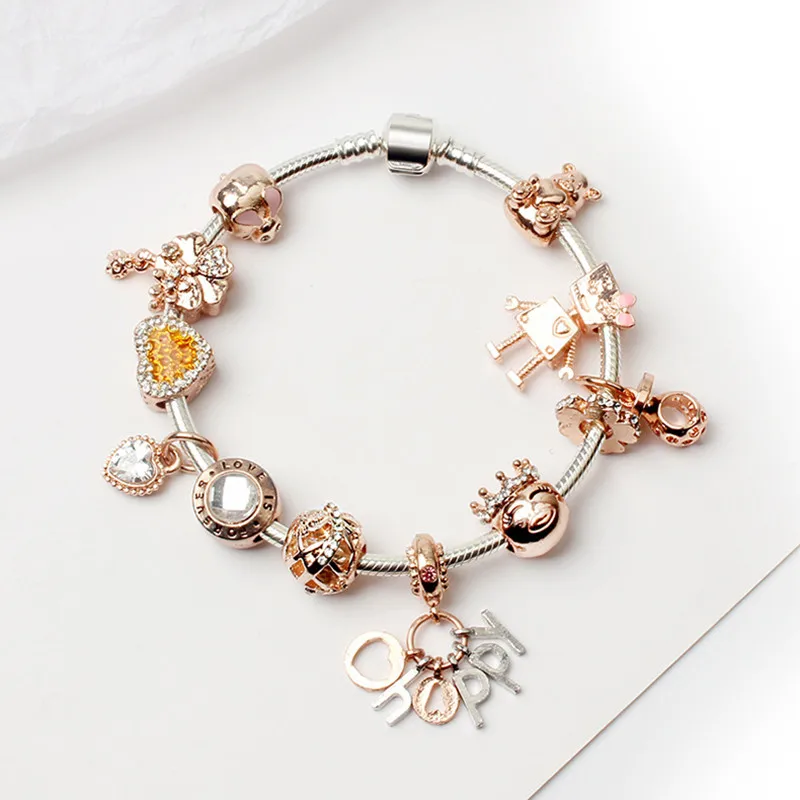 

2019 New Rose Gold Small Bella Heart Beaded Bracelet Cartoon DIY Letter Pendant Bracelet