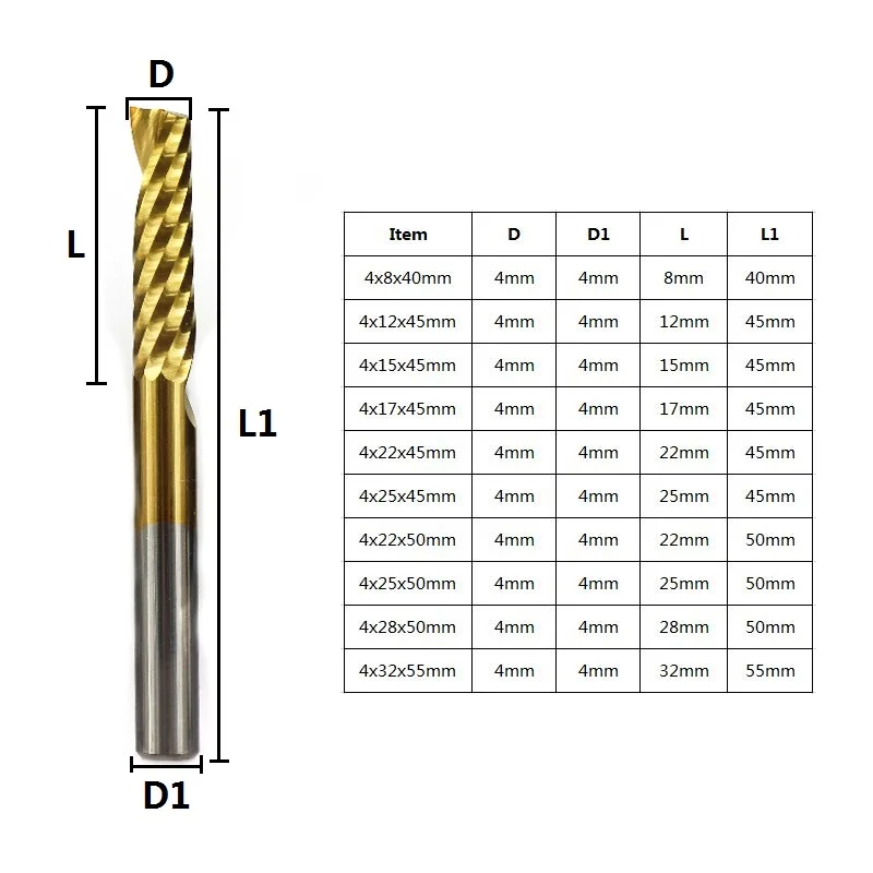 XCAN 1 шт. 4 мм хвостовик с титановым покрытием Одна Флейта концевая фреза Карбид спиральная Концевая фреза ЧПУ Гравировальный Бит фреза