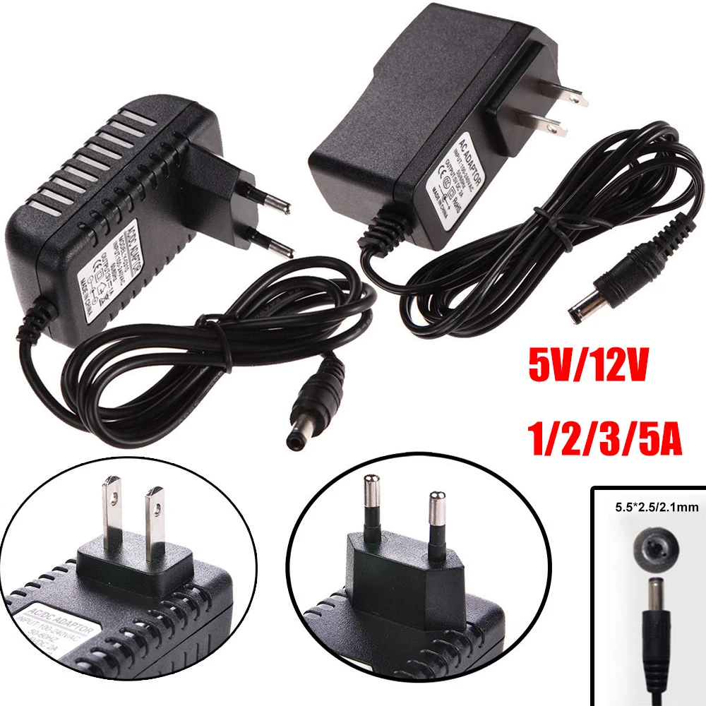 

100-240V AC to DC 5V Power Adapter Supply Charger Converter US/EU Plug 1A 2A 3A 5A 5.5mm x 2.5mm DC Plug for LED Strip Light