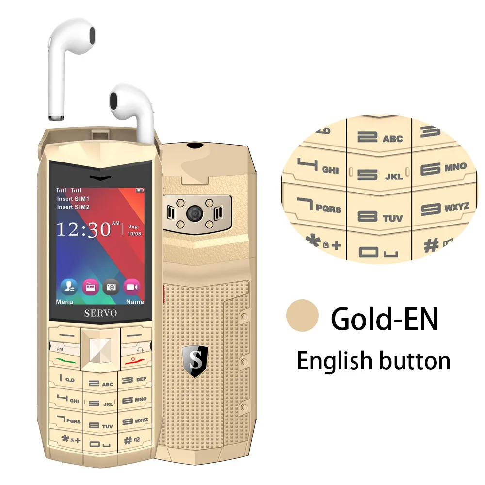SERVO R26 2," мобильный телефон с TWS 5,0 Bluetooth беспроводные наушники 3000 мАч Внешний аккумулятор GSM GPRS 2 sim-карты мобильного телефона - Цвет: Gold English button
