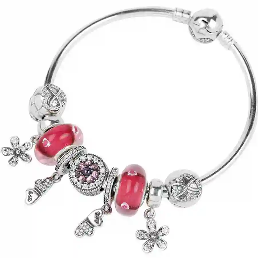 

SIEMTO 100% 925 Sterling Silver Brand New 1:1 Genuine Dazzling Flower Daisy Charm Bracelet Cherry Red Love Ladies Bracelet Set