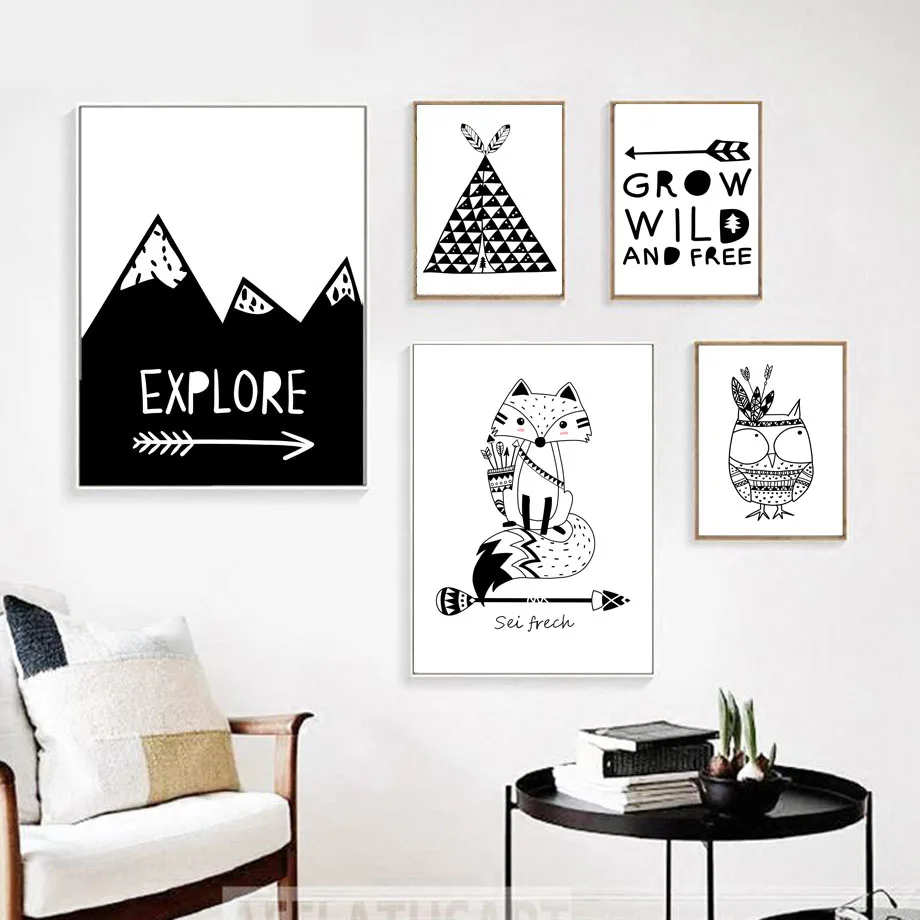 Black-White-Cute-Indian-Fox-Owl-Tent-Mountain-Nordic-Posters-And-Prints-Wall-Art-Canvas-Painting