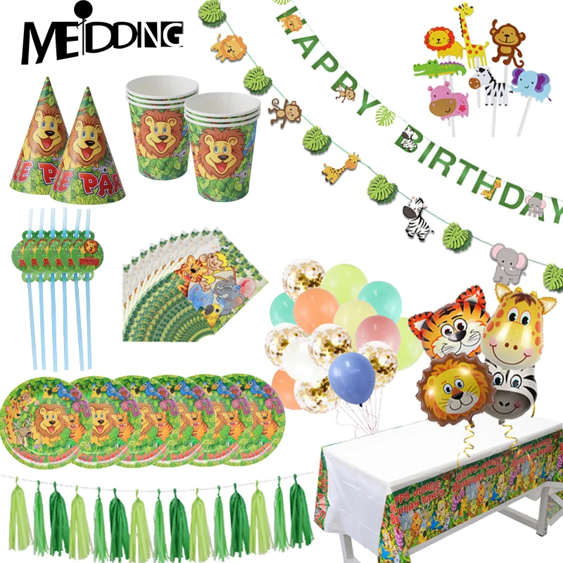 

Jungle themed Disposable party tableware Kids favors lion king pattern Paper plates/hats Safari animal Birthday party decoration