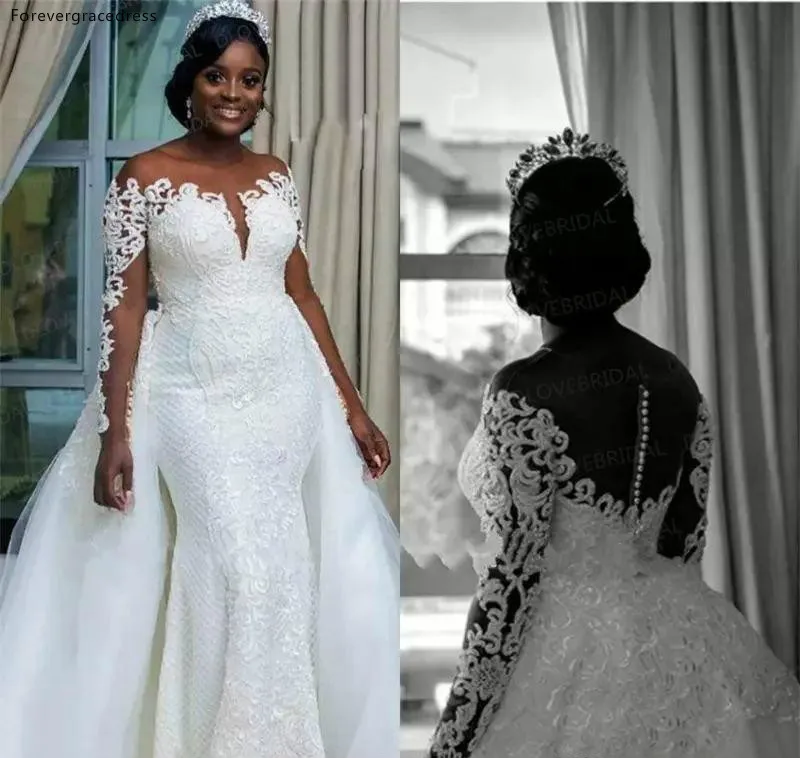 Elegant South African White Mermaid Lace Wedding Dresses Detachable Overskirt Sheer Neck Off Shoulder Long Sleeves Vestidos Bridal Gowns  194