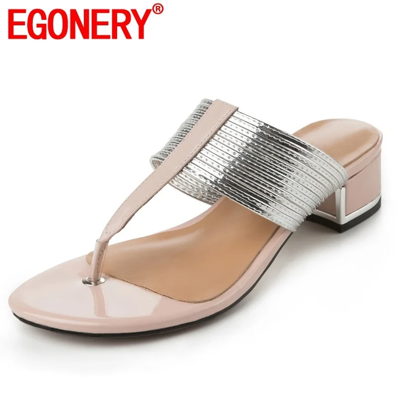 

EGONERY shoes woman 2019 summer newest fashion high quality genuine leather woman sandals outside med hoof heels ladies shoes