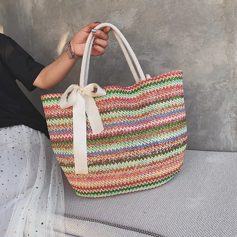 

Summer New Fashion Handbag Women Big Capacity Shoulder Bag Handmade Woven Straw Drawstring Beach Bag Retro Casual Travel Big Bag