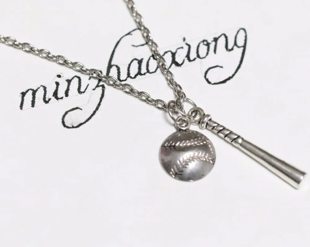 

New Fashion Jewelry Baseball Bat & Ball Silver Charms Pendant Necklace Sports Mom Gift