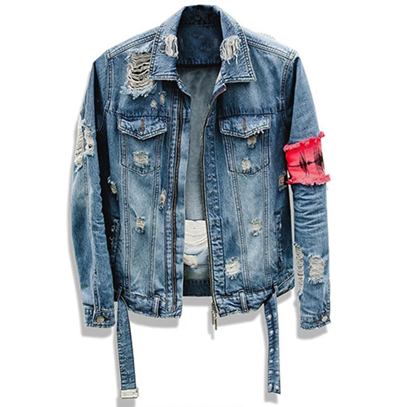 2018 рваные Ленты джинсовые куртки мыть лоскутное Distressed Denim человек Slim Fit уличной